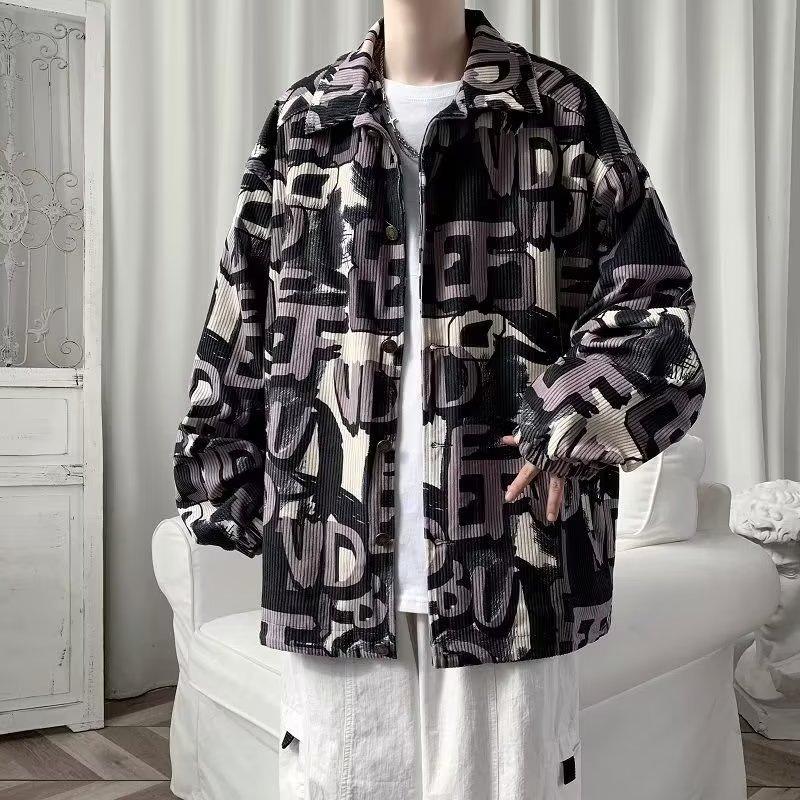 Spring and Autumn Tide Brand Corduroy Jacket Male Ruffian Handsome Retro Printing Long-sleeved Shirt Loose Casual Tooling Jacket