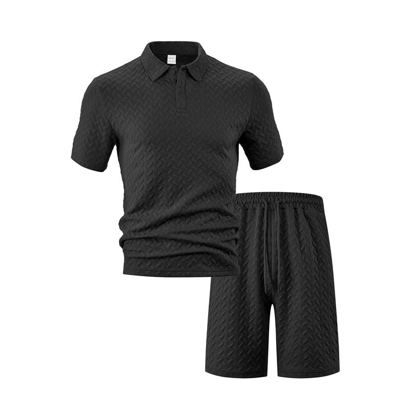 2026 New Men's Summer Casual Loose Fit T-Shirt Shorts Set Lapel Jacquard Thin Short-Sleeved Sports Polo Shirt Set