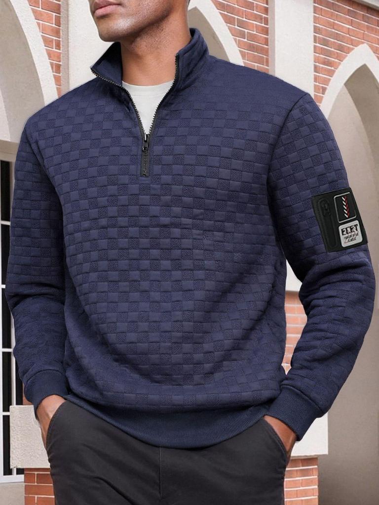 Men's Fleece Half-Zip Plaid Stand Collar Pullover Hoodie Jacket