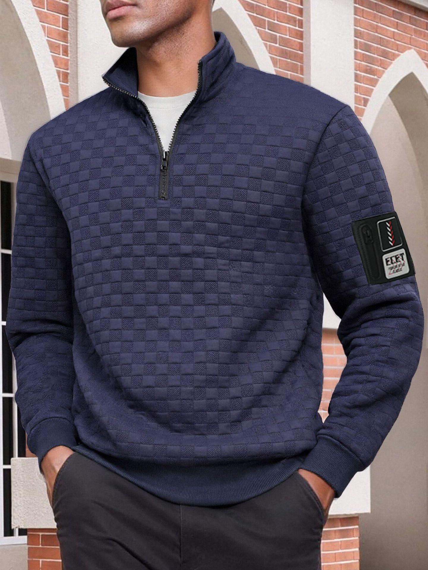 

Men s Fleece Half-Zip Plaid Stand Collar Pullover Hoodie Jacket Double Extra Large темно-синього кольору