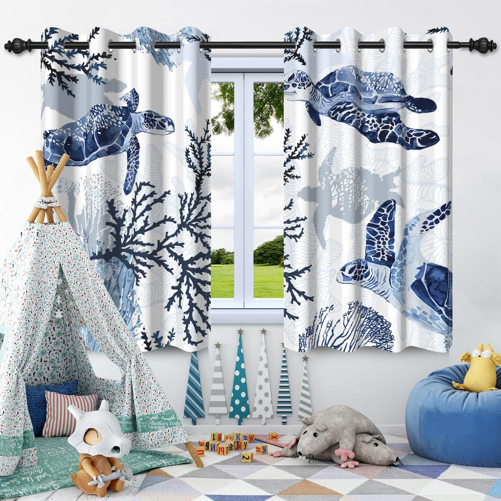 2pcs Plants Leaf Flowers Blue Blackout Curtains Home Bedroom Living Room Darkening Apartment Decoration Grommet Window Drapes