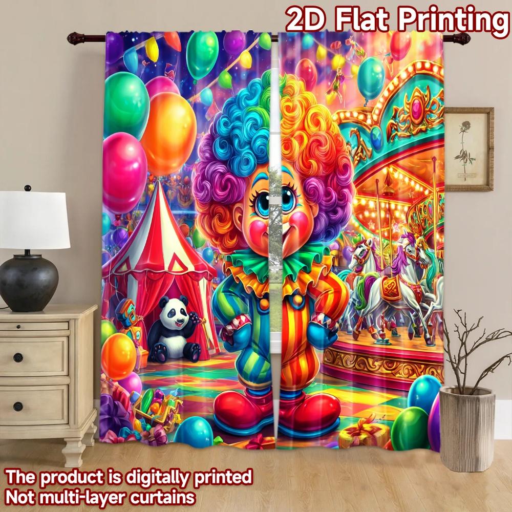 2D Flat Printing 2pcs Window Curtains Clown Circus Carnival Joy Digital Printed Polyester Drapes Festive Curtains for Indoor