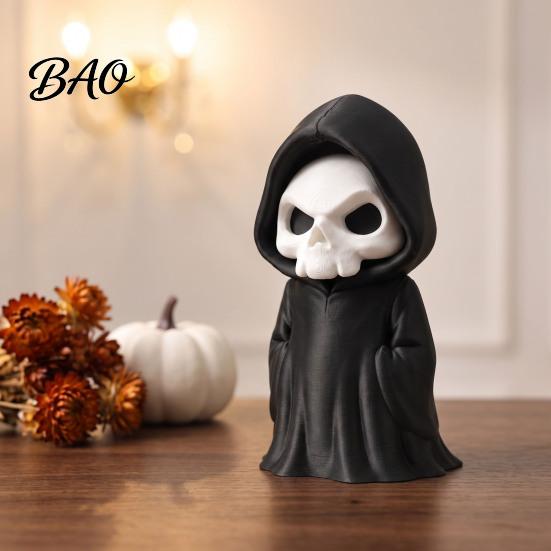 Halloween Skeleton Decoration 3D Printed Grim Reaper Figurine, Gothic Black Robe Statue, Horror Theme Party Supplies Mini Model Toy for Desktop