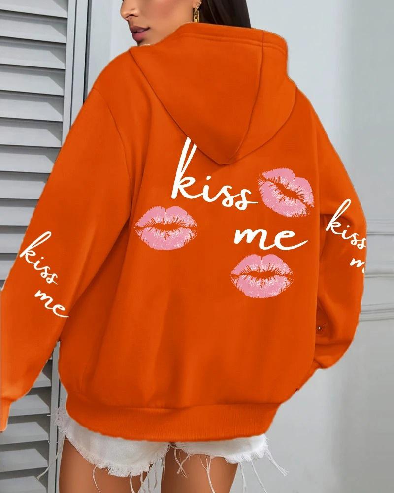 Kiss Me Lip Print Women's Autumn Fleece Hoodie with Pocket