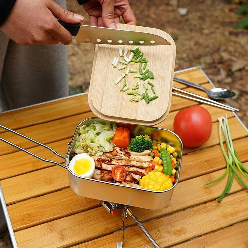 900ML Camping Bento Box Wooden Lid Lunch Box Stainless Steel Bento Box Outdoor Fishing Picnic Lunch Box Pot Chopping Board.