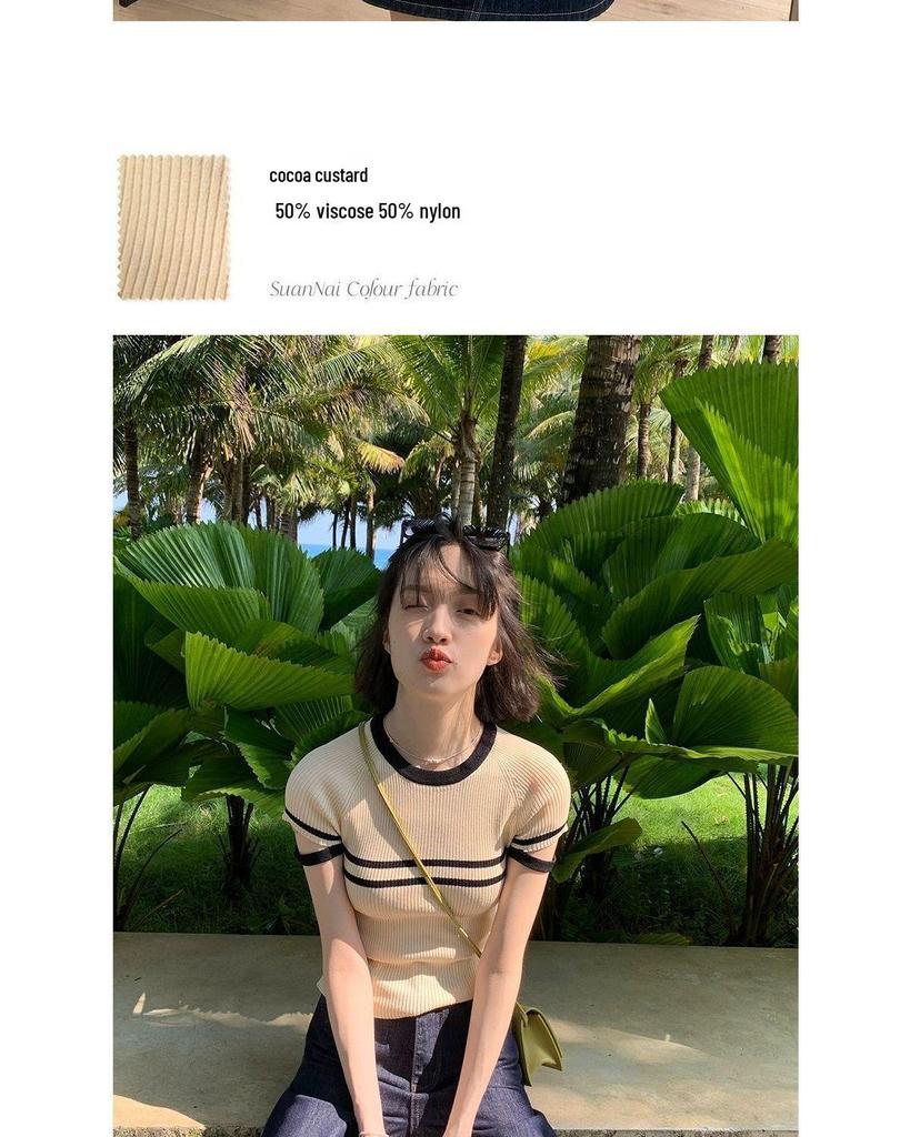 Chic Striped Knit Sweater - Women's Summer Slim Fit, Round Neck Top