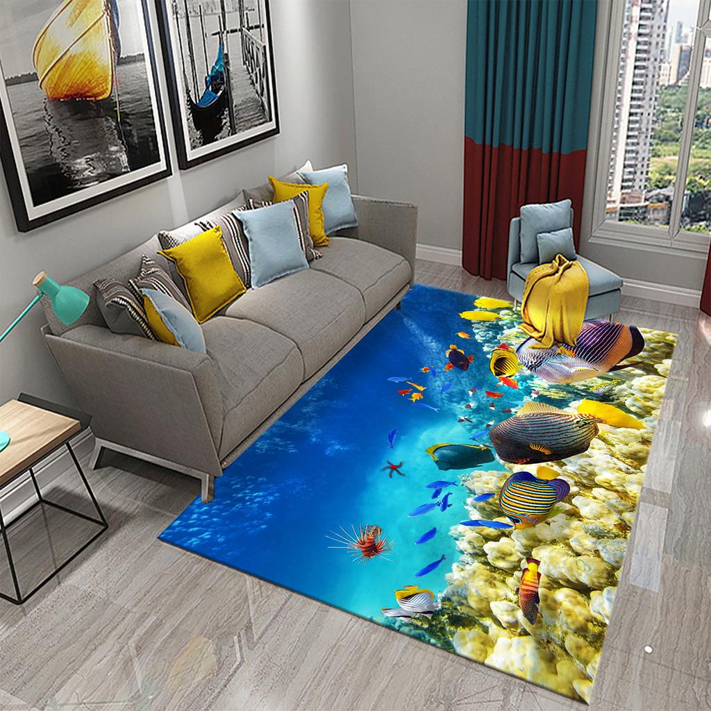 Underwater World Ocean Theme Carpet Cute Dolphin Octopus Sea Turtle Pattern Anti-slip Floor Mat for Living Room Bedroom Bathroom
