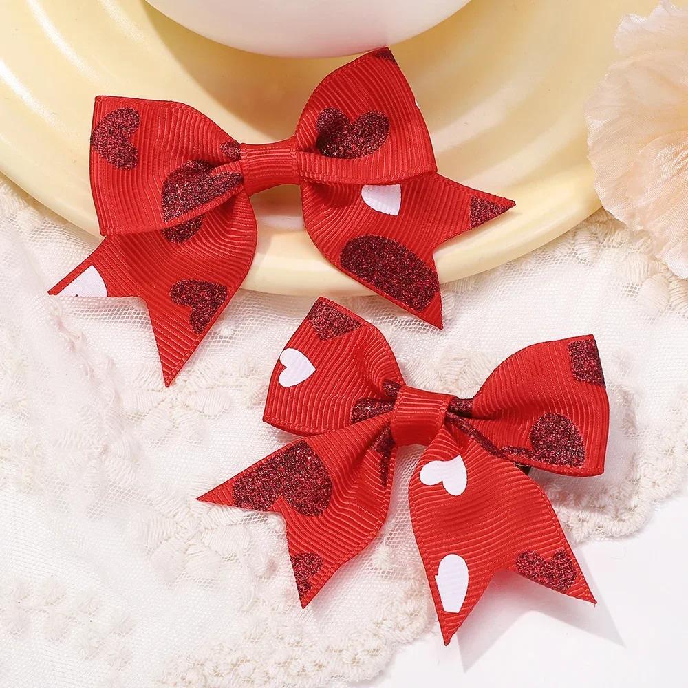 2Pcs/set 2.36''  Valentine's Day Printed Bow Hairclips for Girls Children Ribbon Hair Bows Clip Cheer Up Hair Accessories Gifts