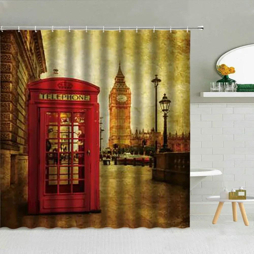 Architektura Londynu Widok Ulicy Zasłony Prysznicowe Zakochani Big Ben Czerwona Budka Telefoniczna Most Wodoodporna Tkanina Dekoracja Łazienki Curta