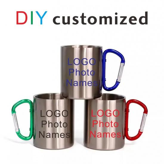 DIY Carabiner Cup 300ML ized Photo Text Stainless Steel Mug with Hook Hiker Outdoor Camp Travel Portable Container