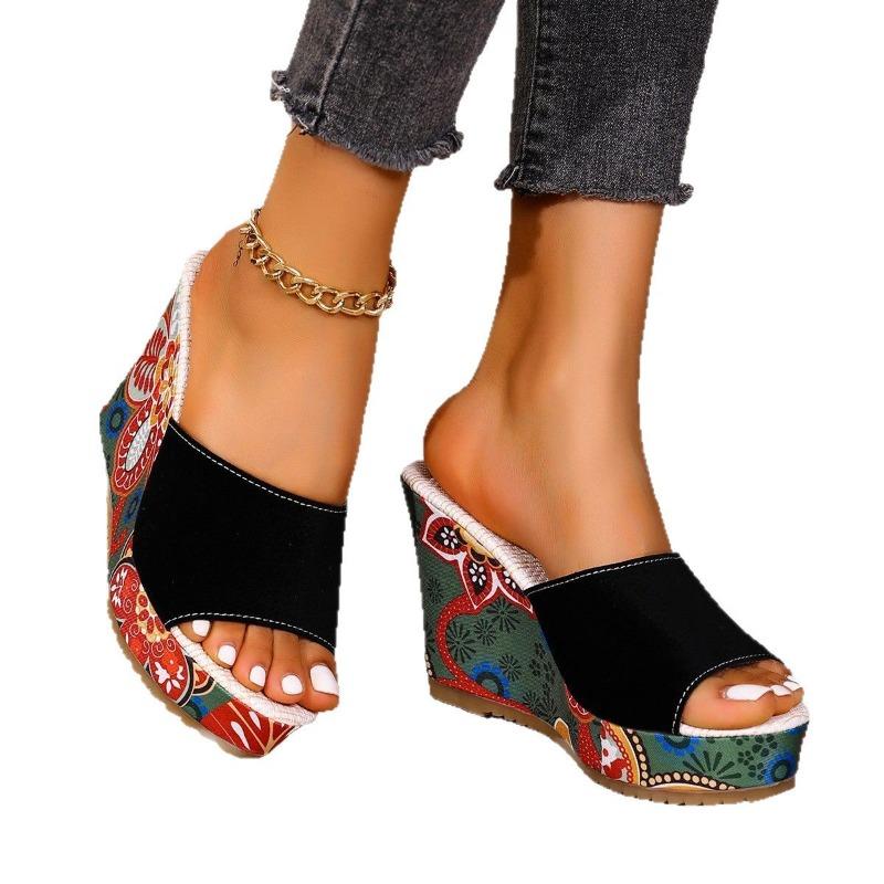 Women's Wide Width Floral Print Platform Mules - Peep-Toe Comfort Wedge Heels for Summer, Fashion Chunky Heel Slides
