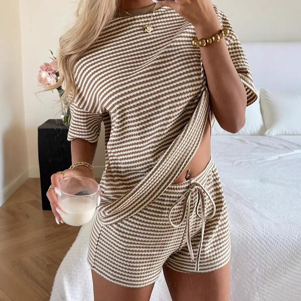 Women Striped Two Piece Set Short Sleeve Top Drawstring Shorts Casual Summer Tracksuit