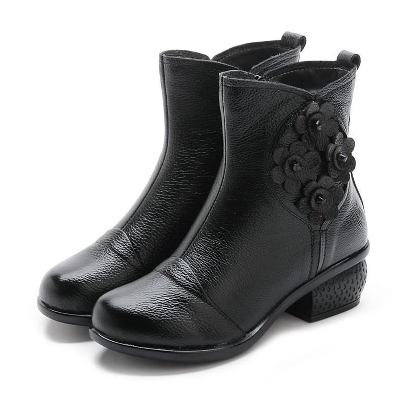 First Layer Cowhide Autumn and Winter New Casual Genuine Leather Women's Shoes Ethnic Style Flower Women's Cotton Boots