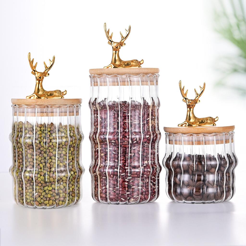 Glass Food Jar with Sealed Bamboo Lid Kitchen Pantry Grains Cookie Coffee Tea Candy Snack Storage Bottle Jars Kitchen Canister
