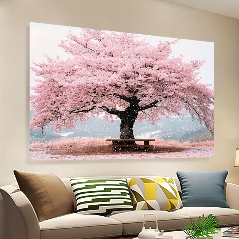 

2D Nature Scenery Backdrop, Pink Cherry Blossom Tree & Bench Party Decor Banner 47.2x31.5inch/120*80cm