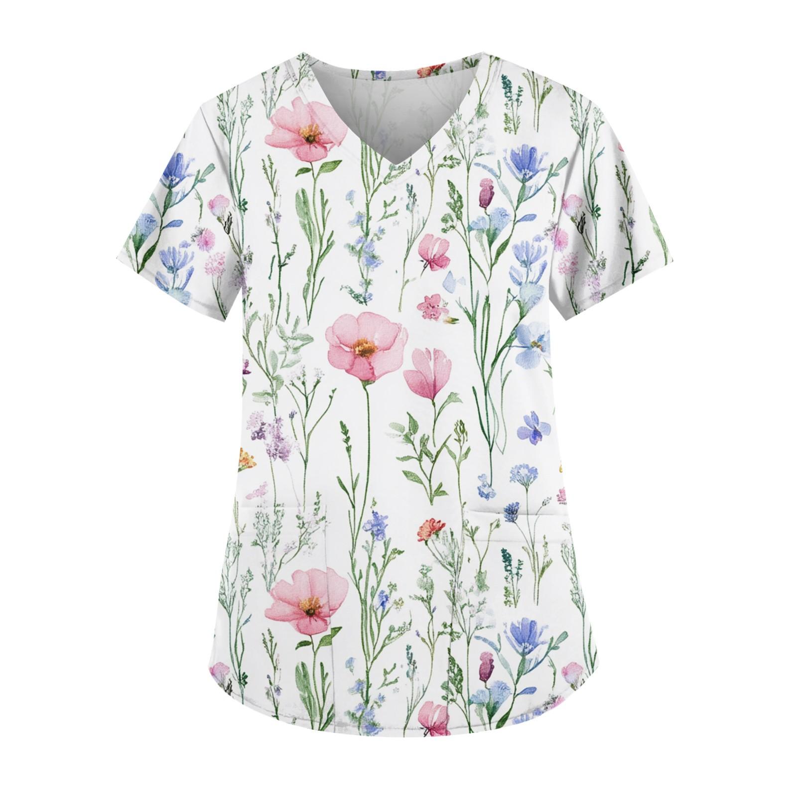 

Робоча уніформа з друкованим малюнком великого розміру Топи для жінок з V-подібним вирізом і короткими рукавами Веселі футболки Робочий одяг Футболка з кишенями XL білий