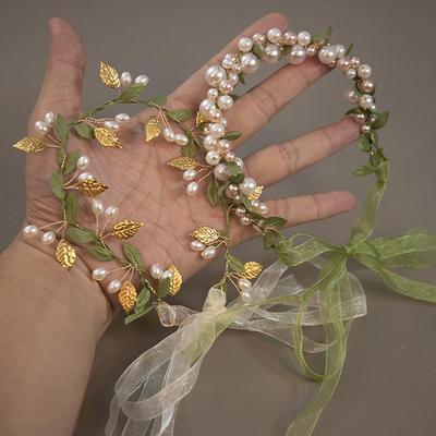 Fascia per capelli a corona di foglie verdi e perle in stile Mori per bambina - Accessorio per capelli serie Verde Fresco