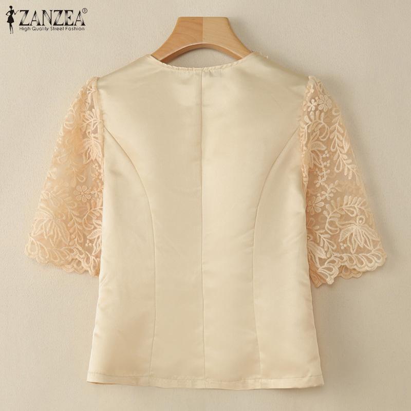ZANZEA Women Square Neck Casual Lace Splice Half Sleeve Satin Blouse