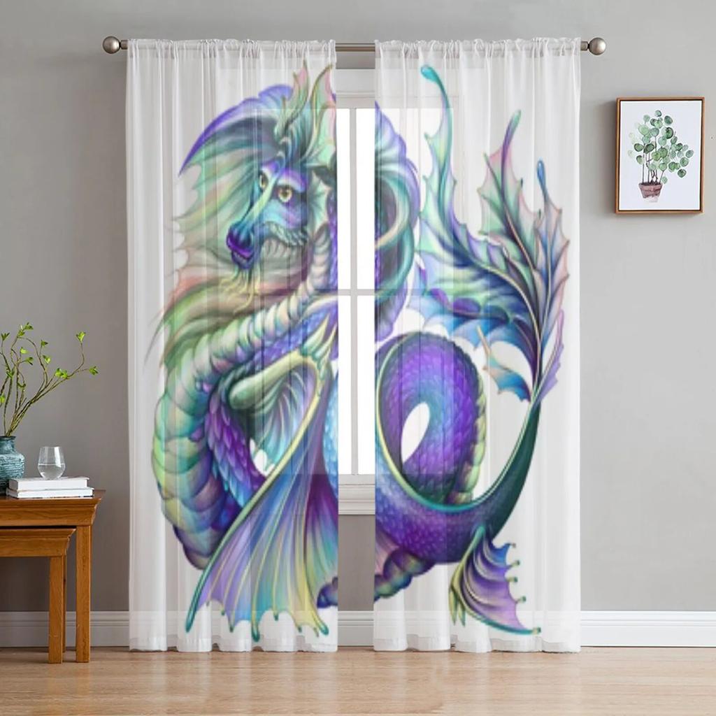 Transparente Vorhänge im Drachen-Aquarell-Stil für Wohnzimmer, Fenster, transparenter Voile-Tüll-Vorhang, Schlafzimmer-Vorhänge, Heimdekoration