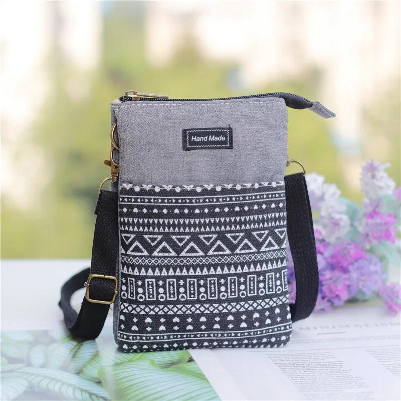 Ethnic style large screen women mobile phone bag Canvas multi-layer fashion female shoulder bag student Girl small bag
