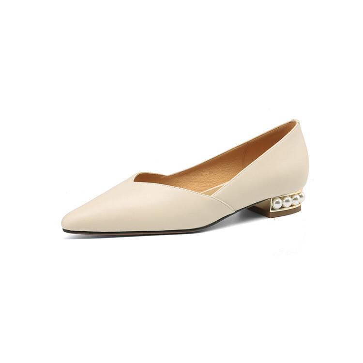Fashion NEW Spring Women Pumps Split Leather Shoes for Women Pointed Toe Low Heel Women Pumps Pearl Handmade Shoes Concise Ladies Shoes