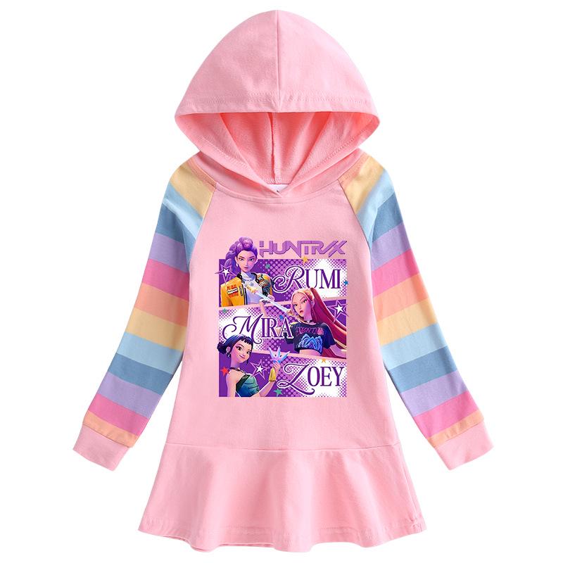 Kpop Demon Hunter Girls' Ruffle Rainbow Hooded Dress - Long Sleeve Princess Style