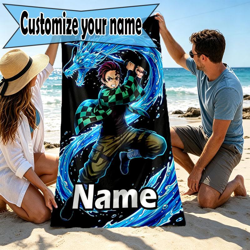 Personalisierbares Strandtuch mit Demon Slayer Aufdruck und individuellem Namen, für Reise, Camping, Strandparty, Heimdekoration, Geburtstagsgeschenk für Familie & Freunde