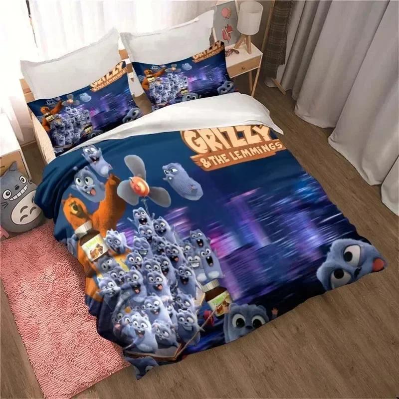 Grizzy und die Lemminge Bettwäsche-Set für Erwachsene und Kinder, weiche Bettdecken-Sets für Einzel-, Doppel- und Kingsize-Betten, Cartoon-Bettbezug