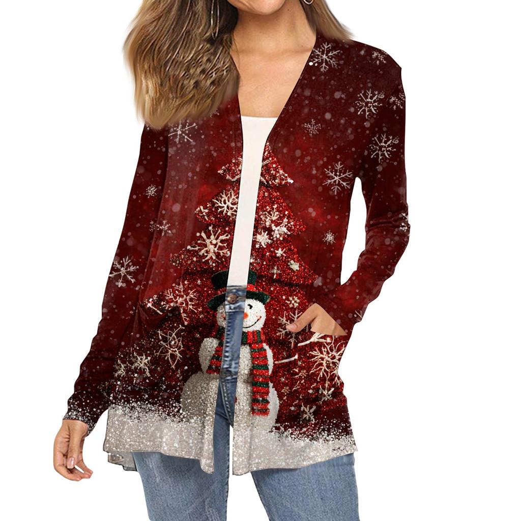 Women's Fashion Christmas Print Long-Sleeved Pocketed Slim-Fit Cardigan Coat