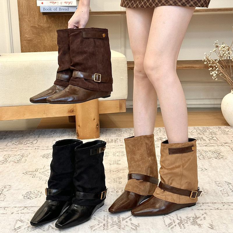 Inner heightening short boots women's brown western boots square cowboy boots rad trousers thin autumn and winter boots