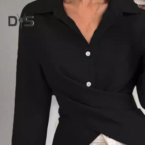 Damen-Hemd mit Revers, lange Ärmel, einreihig, Oberteile, einfarbig, Knopfleiste, Herbsthemd für den Alltag