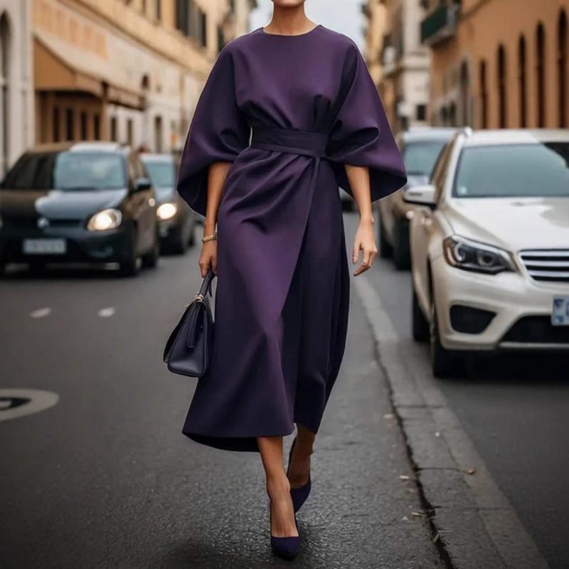 Women's Fashion Elegant and Refined Solid-color Cinched Waist Dress Casual Bat-sleeve Long Dress