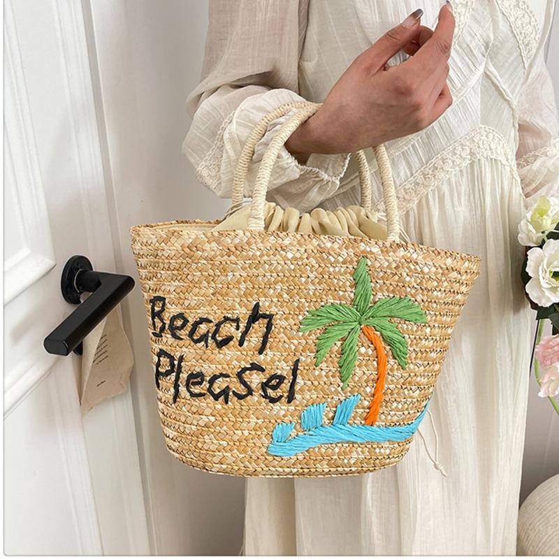 Yogodlns Spring/summer New Straw Fruit Embroidery String Casual Sweet Tote Bags Seaside Resort Atmosphere Shoulder Bags