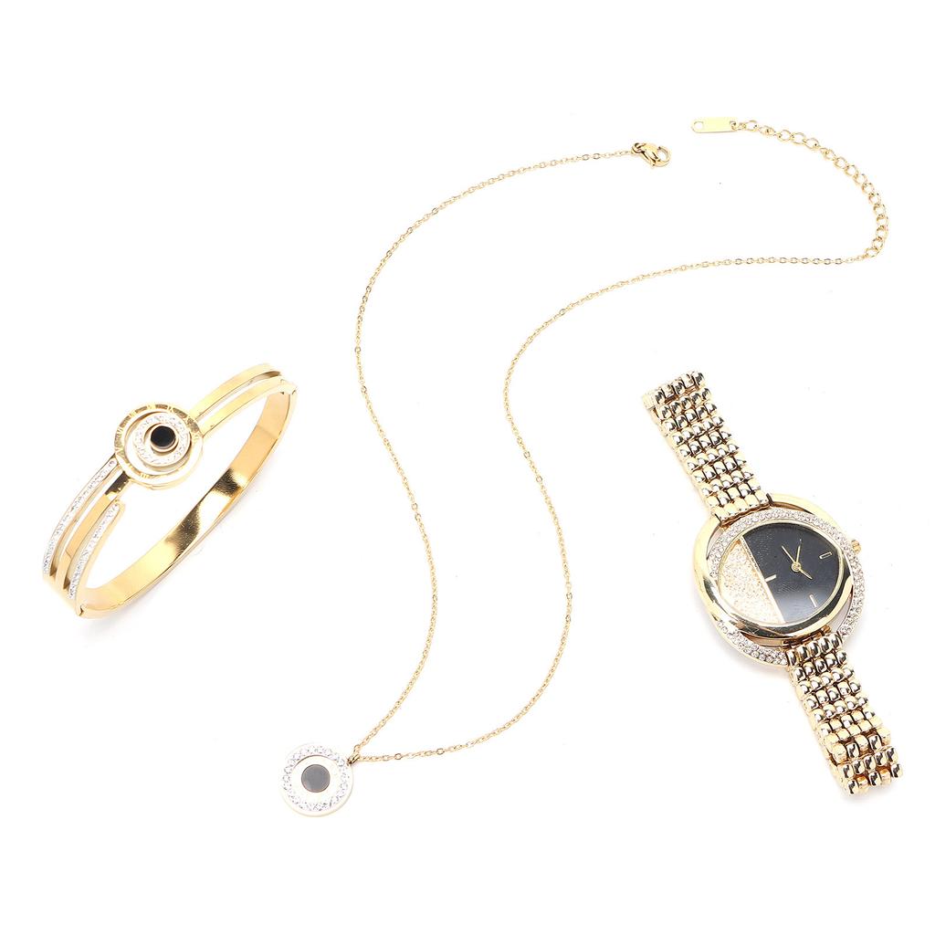 Business Style Women Watch Bracelet Necklace Set Anniversary Birthday Gift Jewelry Set Gold