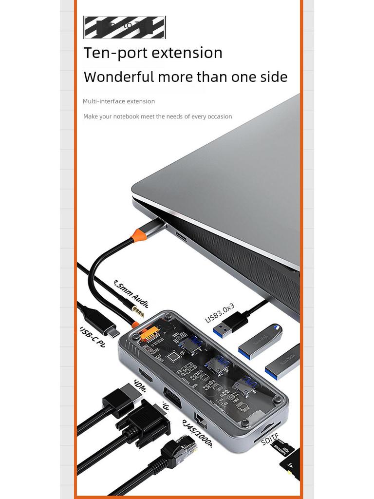 10-in-1 Transparent Type-C USB Hub Expansion Dock