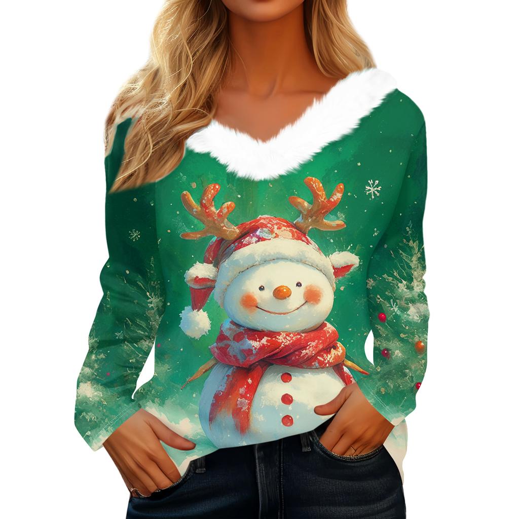 Women's Christmas Printed Long Sleeved Party Plush Neck V-neck Top