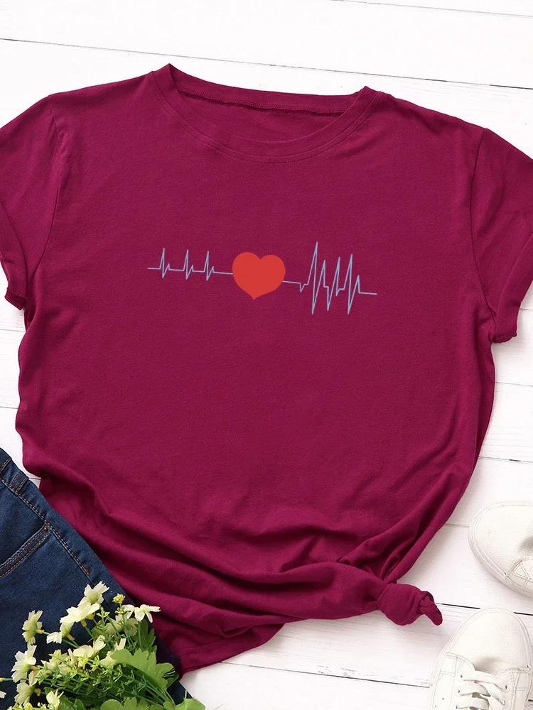 Electrocardiogram Heart Print Women T Shirt Short Sleeve O Neck Loose Women Tshirt Ladies Tee Shirt Tops Clothes Camisetas Mujer