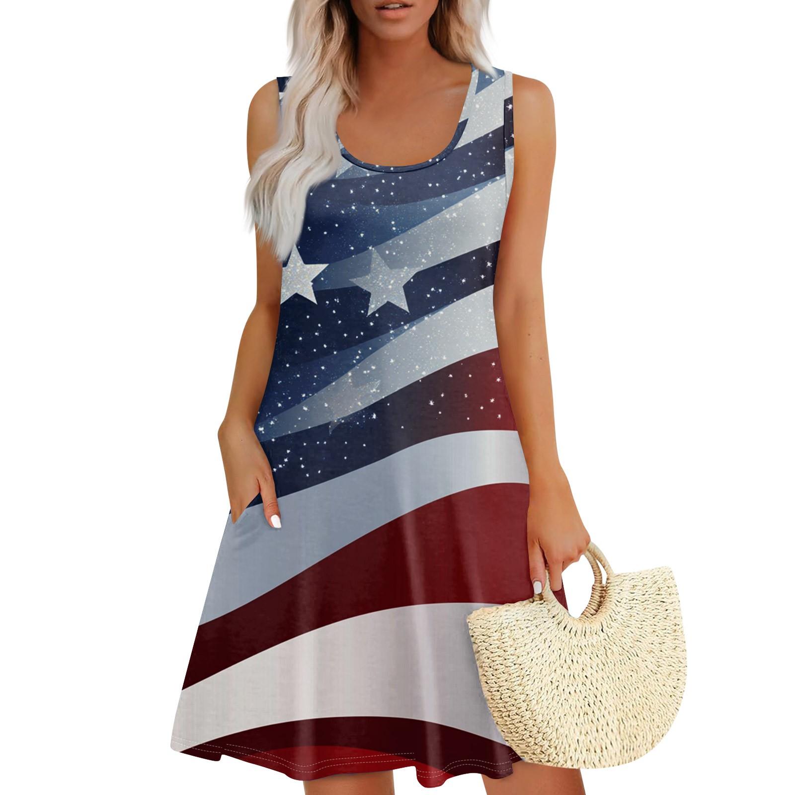 

Женское летнее повседневное платье с квадратным вырезом и принтом «День независимости» Платье без рукавов с карманами S винный