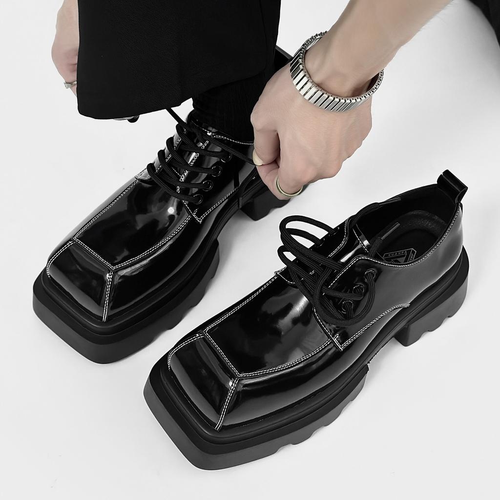 Men's Japan Karajuku Korean Style Fashion Glossy Streetwear Thick Platform Casual Black Leather Shoes Lace Up Sneakers Shoes
