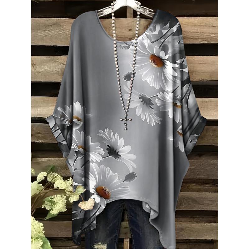 Vintage Floral Print Irregular Fashionable Short Sleeve T-Shirt for Women Women's Clothing Loose and Casual Oversized Top