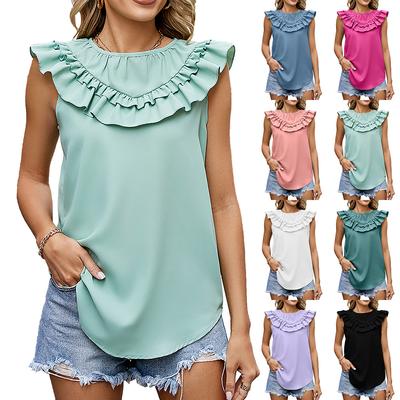 Frauen Sommer Mode Einfarbig Plissee Rundhals Rüschen Rand Panel Chiffon Ärmelloses Top