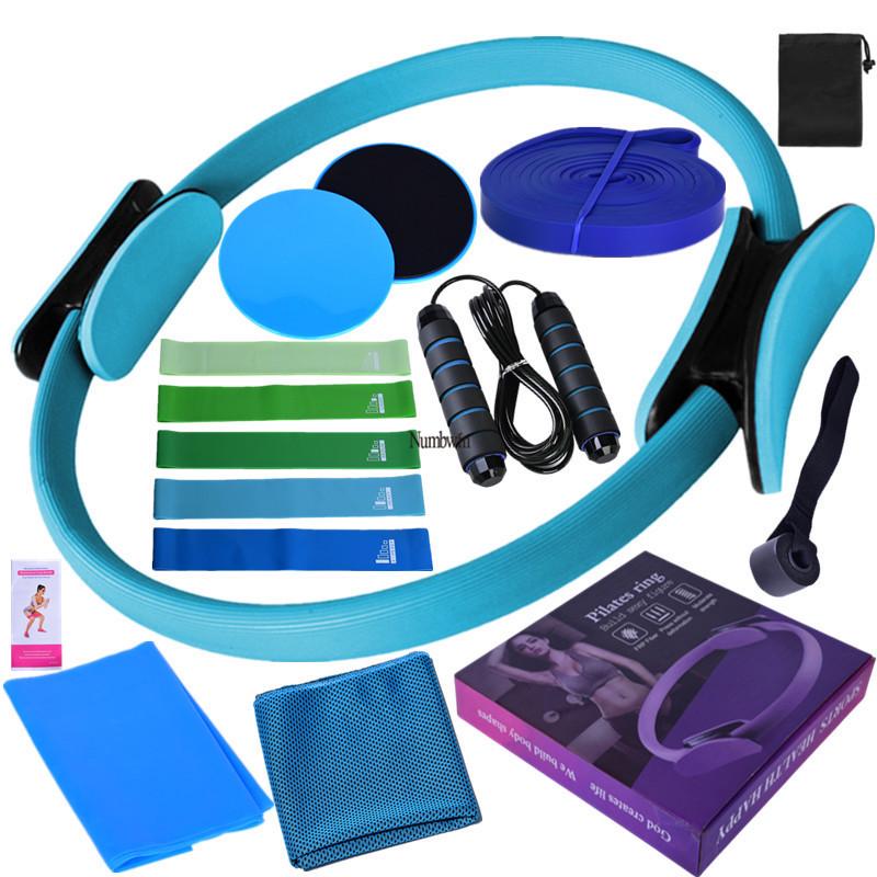 Fünfzehnteiliges Fitness-Set: Latex-Widerstandsbänder, Kühlhandtuch, Gleitscheiben, 3m Springseil, Pilates-Ring.