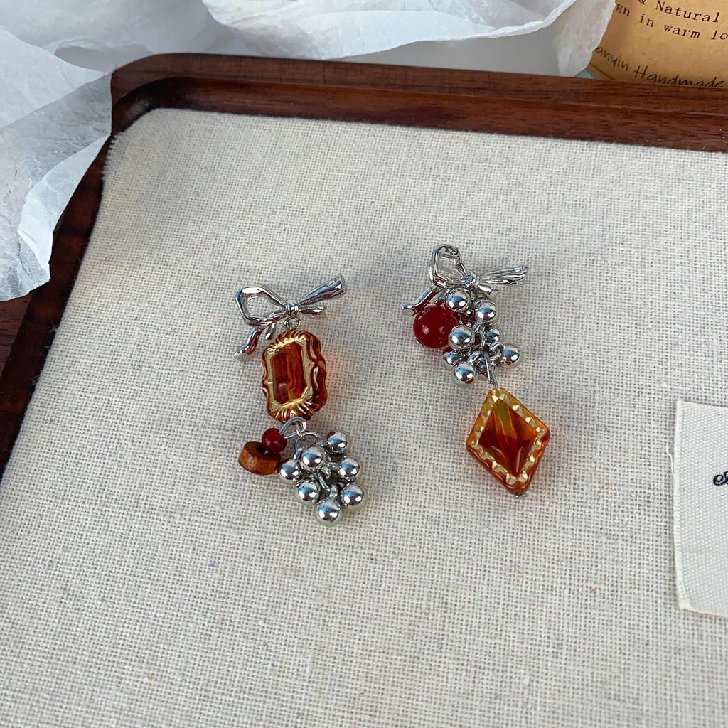 Amber Candy Asymmetrical Diamond Pendant Earrings - Elegant, Retro, Multi-Sphere Design for Women
