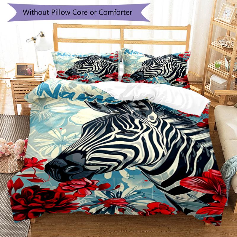 3pcs Custom Name Zebra Bedding Set Duvet Cover Closure Includes 1 Duvet Cover & 2 Pillowcases, Soft and Comfortable for All Seasons.