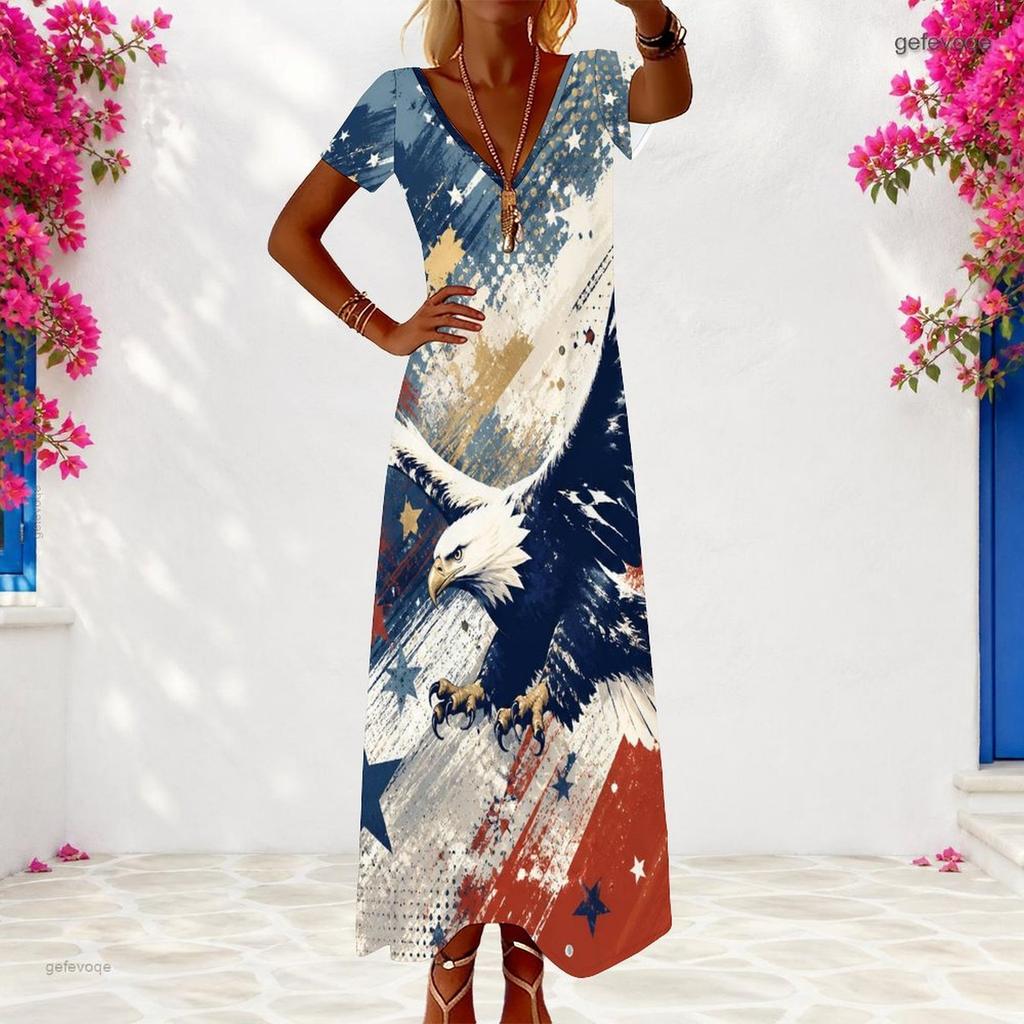 Women Plus Size V Neck Short Sleeve Galaxy Star Printed Maxi Dress