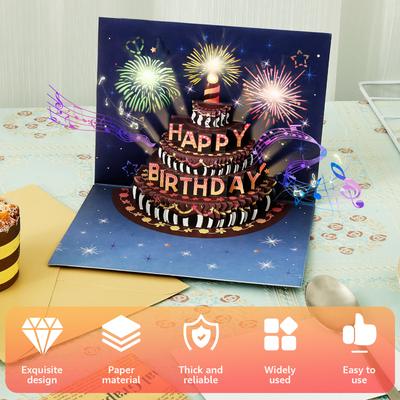 3D Licht Musik Geburtstagskarte Pop Up Kuchen Kreative Grußkarte Alles Gute zum Geburtstag Party Geschenk Nachrichtenkarten mit Umschlag für Kinder