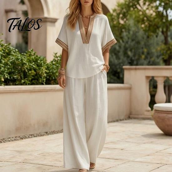 Muskelversteckende Hosen Color Block 2-teilige Sets für Damen, Kurzarm V-Ausschnitt Locker geschnittenes Hemd Damen Oberteil und Weite Hosen Passende Sets, Sommerurlaub