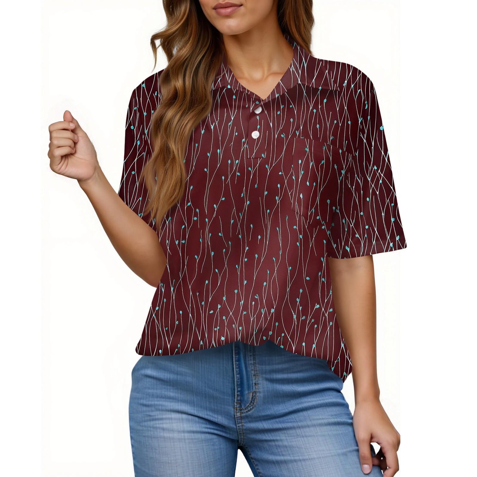 Women s Fashion Casual Button Pocket Shirt Short Sleeve Print Lapel Top XL