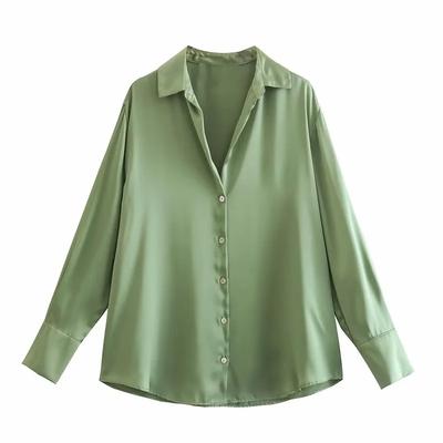 Europe and America 1116 Summer Women's Clothing Casual Loose Silk Satin Texture Casual Long Sleeve Women's Shirt Top Women