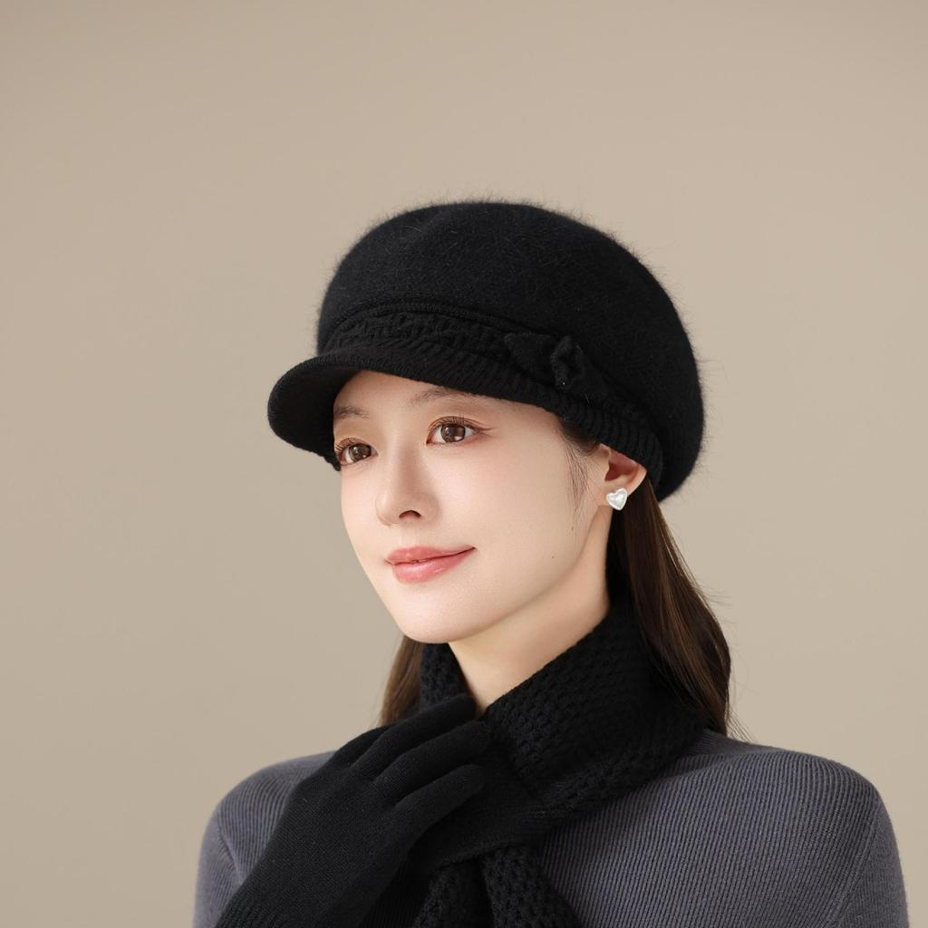 Rabbit Fur Peaked Hat Women's Winter Windproof New Thickened Ear Protection Mother's Hat Outdoor Warm Knitted Hat Scarf